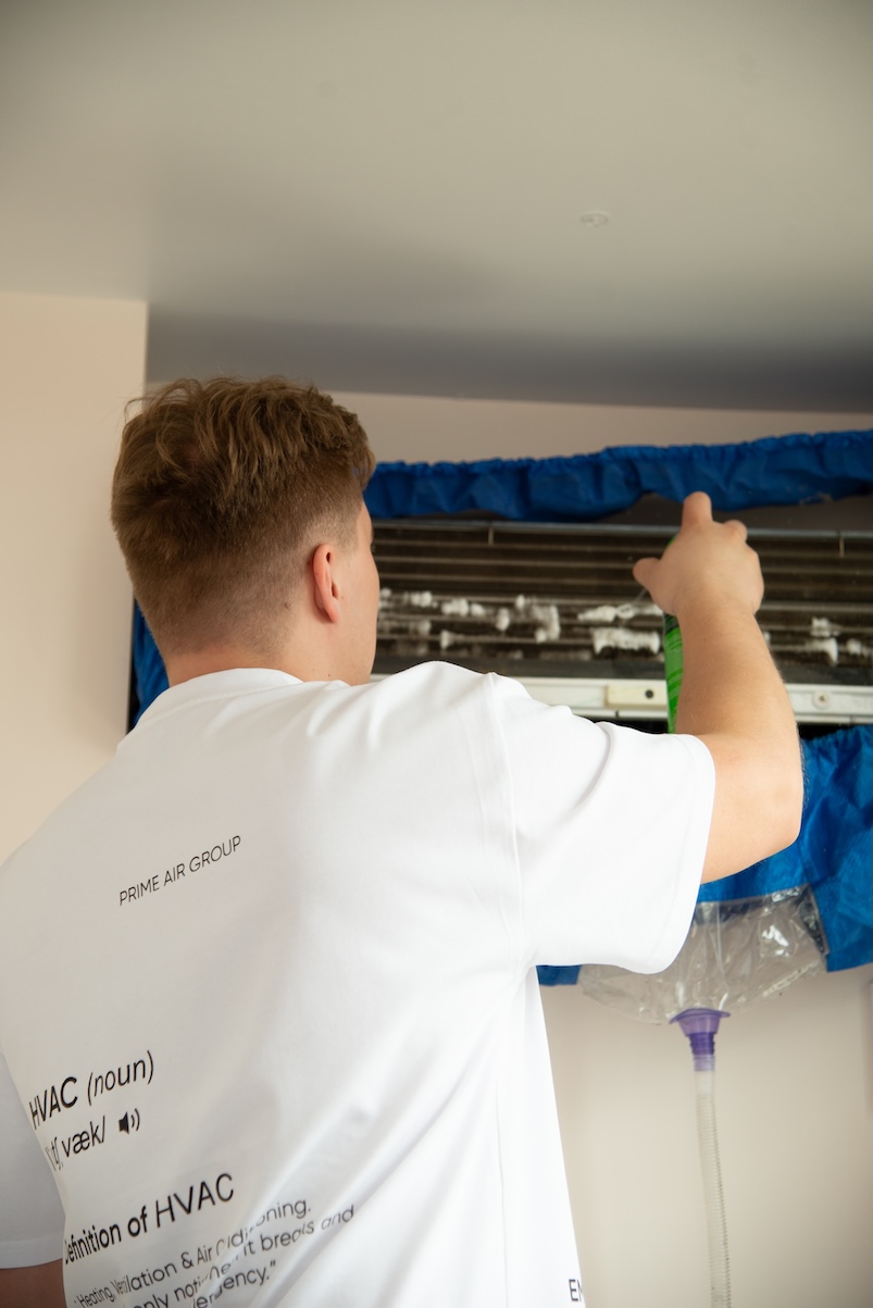 Deep cleaning of indoor AC coils with professional wash bag
